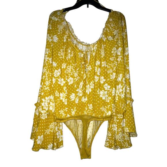 Free People One On One Date Bodysuit Marigold Combo Top Bell Sleeve MED - Picture 4 of 10